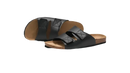 Black leather slide sandals.