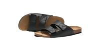 Black leather slide sandals.