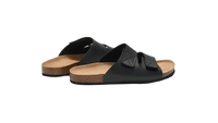 Black leather slide sandals.