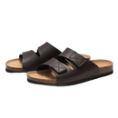 Brown leather two-strap sandals.