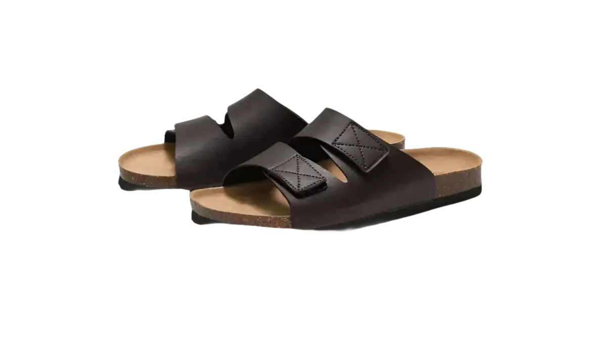 Brown leather double-strap sandals.