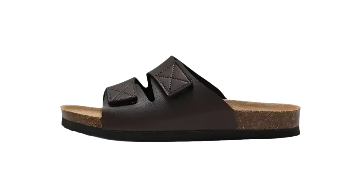 Brown leather sandal with cork sole.