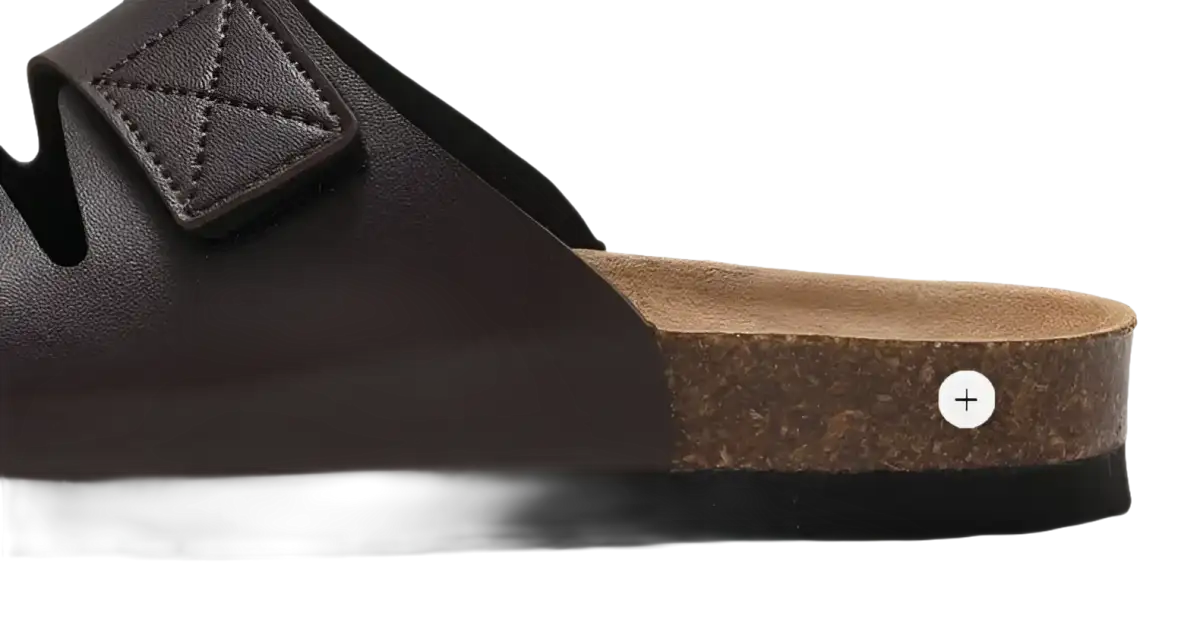 Brown leather sandal with cork sole.