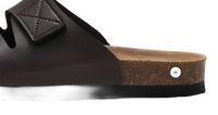 Brown leather sandal with cork sole.