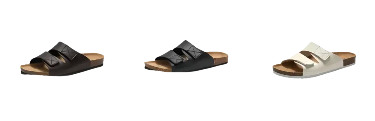 Sandals in brown, black, and white.