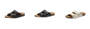 Sandals in brown, black, and white.