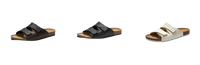 Sandals in brown, black, and white.