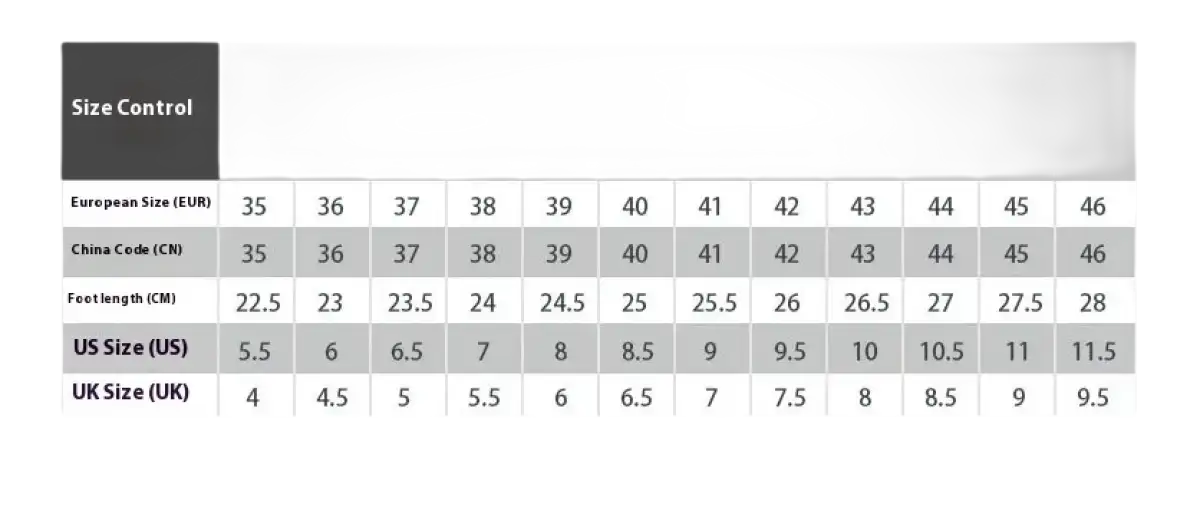 Shoe size conversion chart.