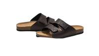 Brown leather slide sandals.