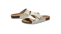 White, cork-soled sandals.