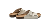 White leather slide sandals.