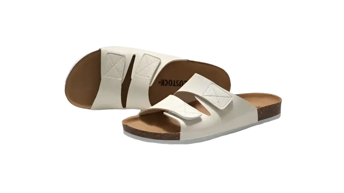 White, two-strap sandals.