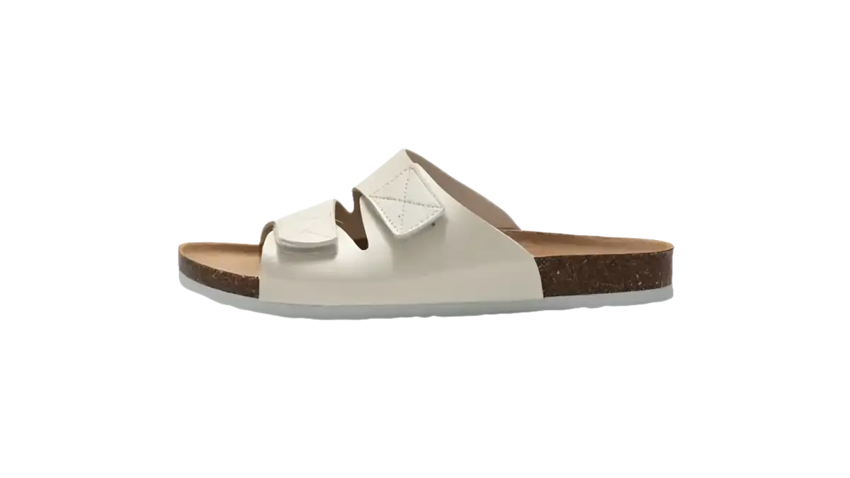 White, two-strap slide sandal.