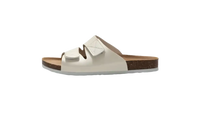 White, two-strap slide sandal.