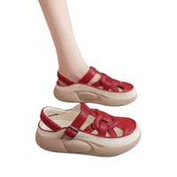 Red leather woven platform sandals.
