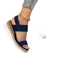 Navy blue elastic wedge sandals.