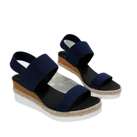 Navy blue wedge sandals.