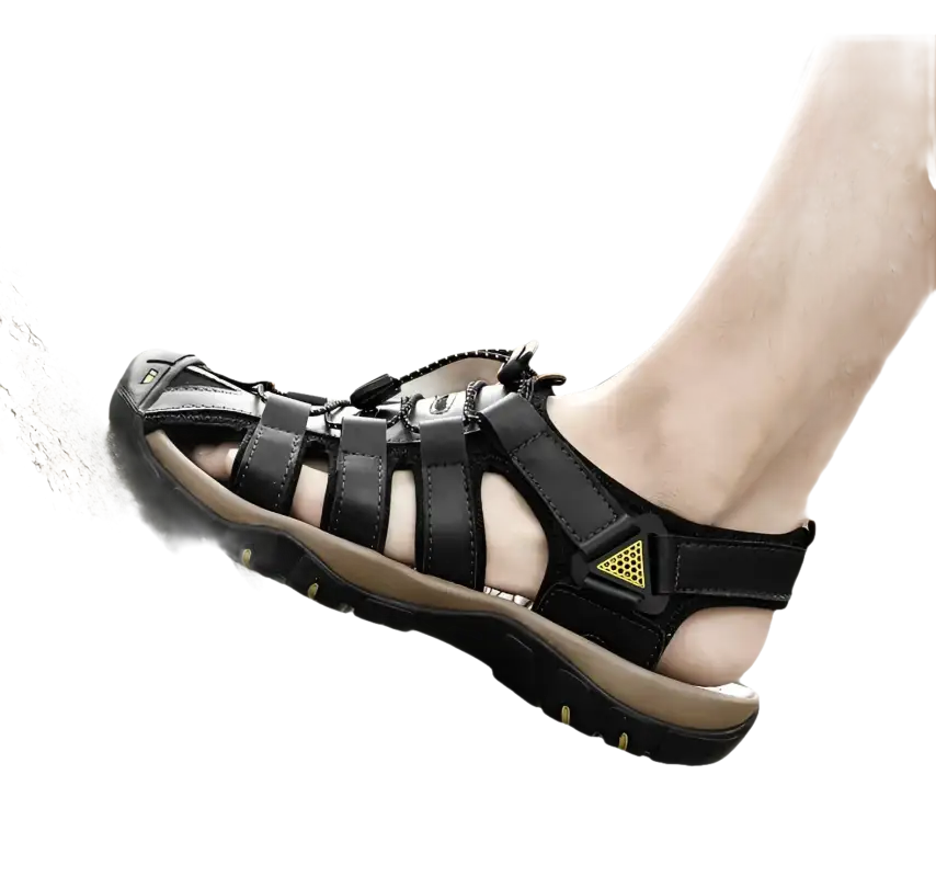 Black leather fisherman sandal.