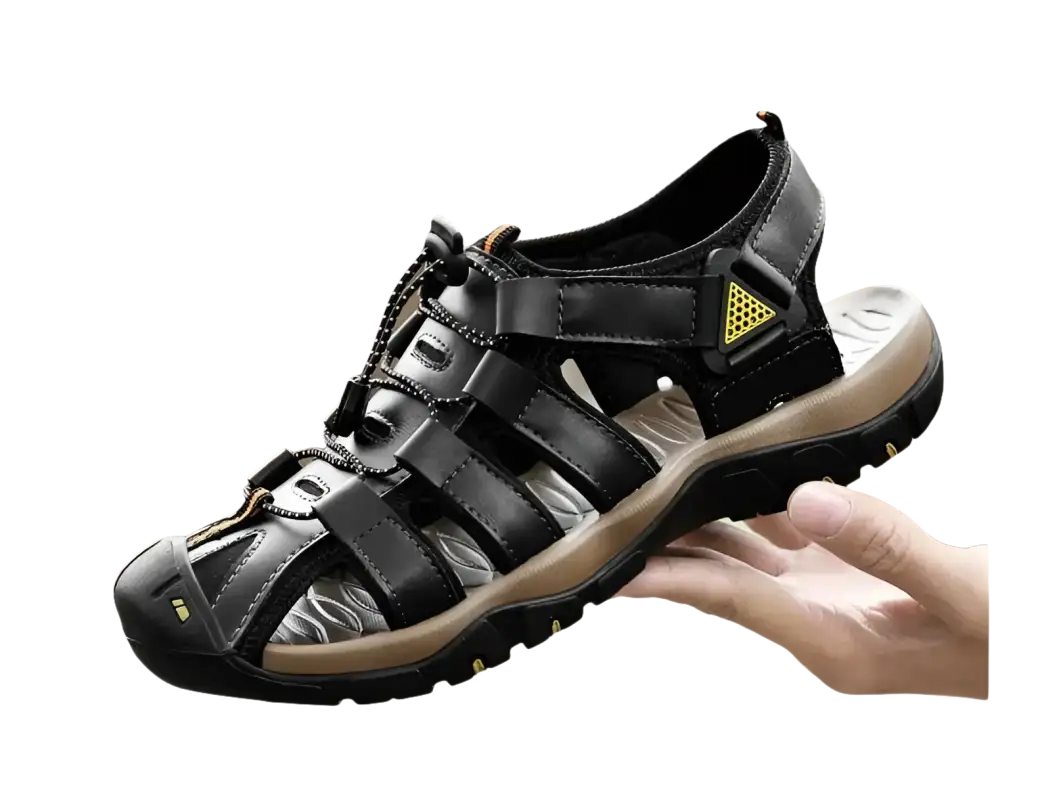 Black leather fisherman sandal.
