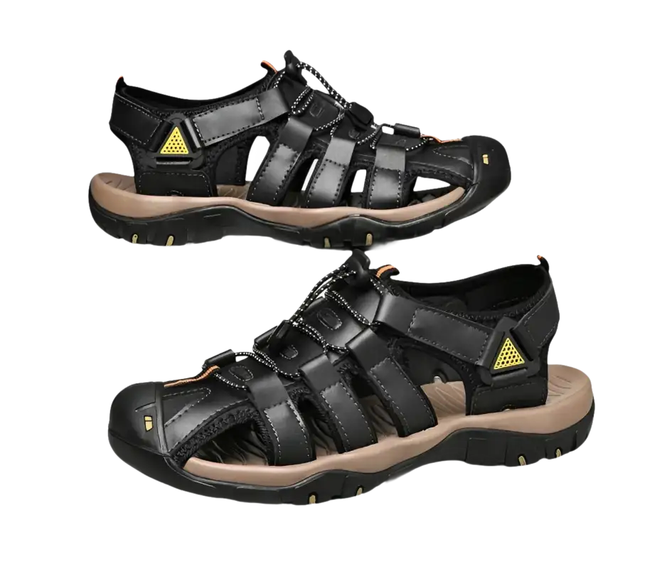 Black leather fisherman sandals.