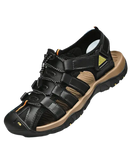 Black and tan men’s sandal.