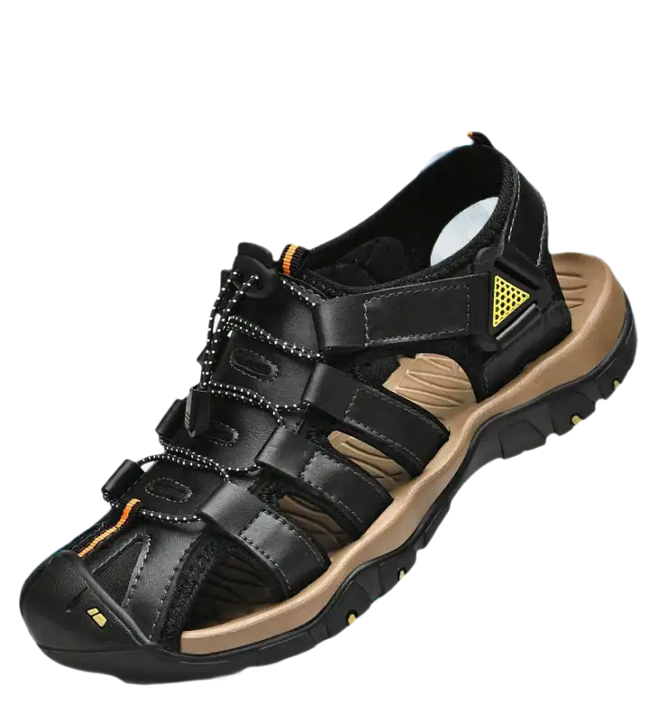 Black and tan men’s sandal.
