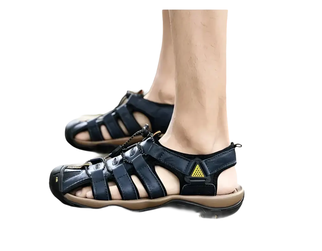 Blue leather fisherman sandals.
