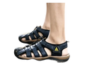 Blue leather fisherman sandals.