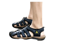 Blue leather fisherman sandals.