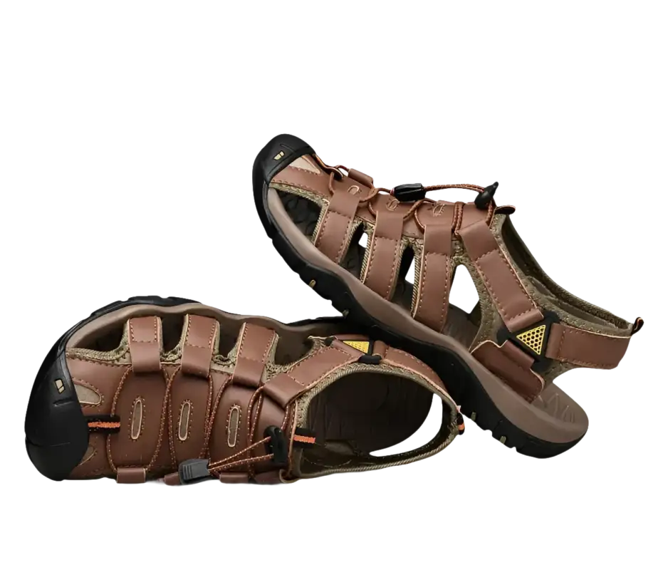 Brown leather sandals.