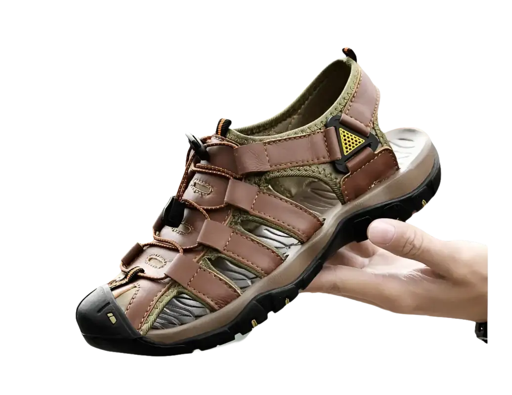 Brown leather sandal with adjustable straps.