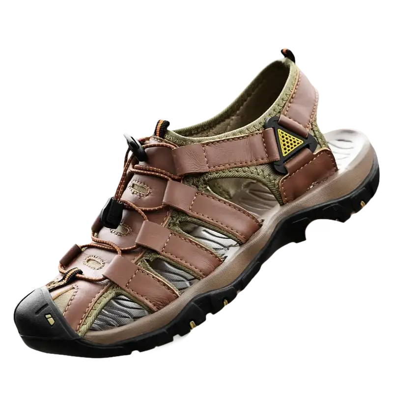 Brown leather and mesh sandal.