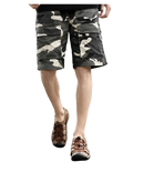 Camouflage cargo shorts and brown leather sandals.