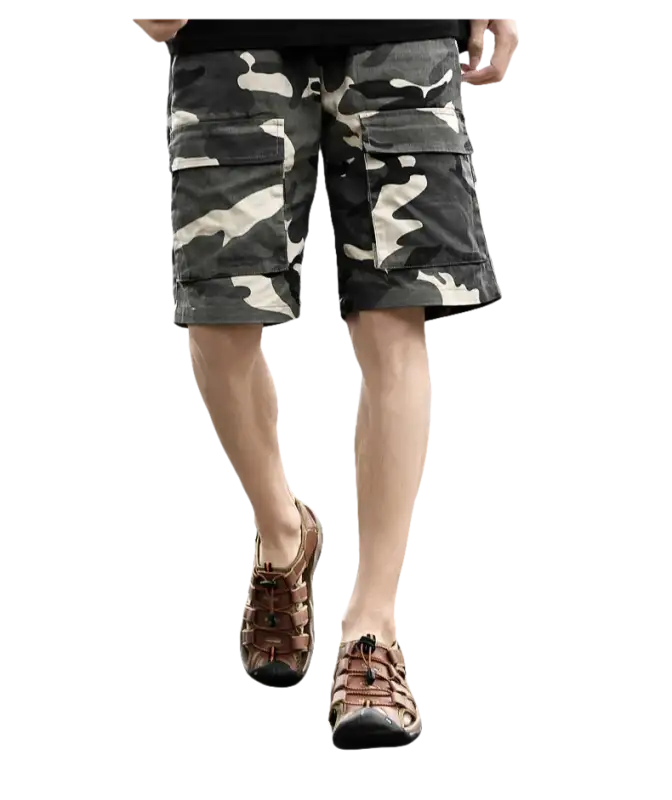 Camouflage cargo shorts and brown leather sandals.