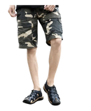Camouflage cargo shorts and leather sandals.