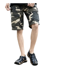 Camouflage cargo shorts and leather sandals.