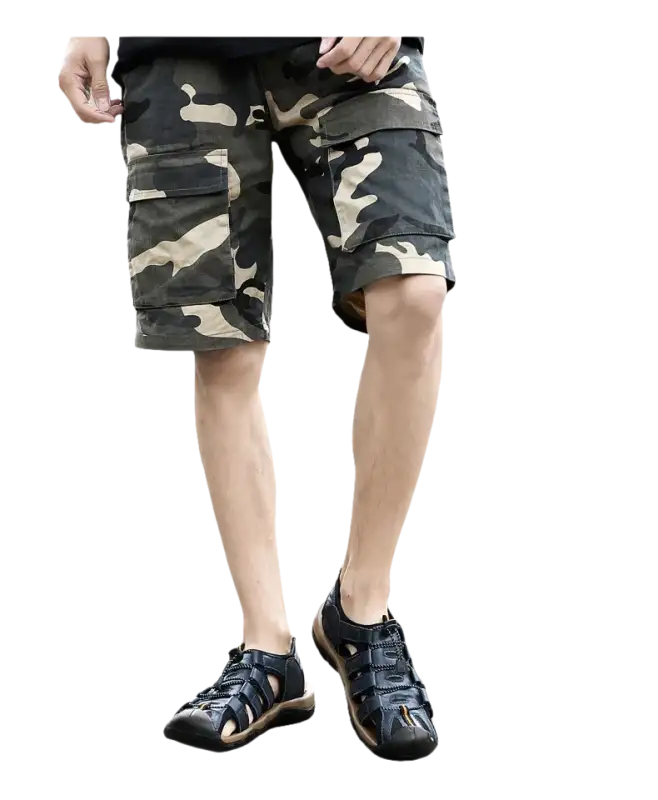 Camouflage cargo shorts and leather sandals.