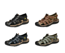 Four pairs of men’s closed-toe sandals in different colors.