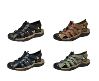Four pairs of men’s closed-toe sandals in different colors.