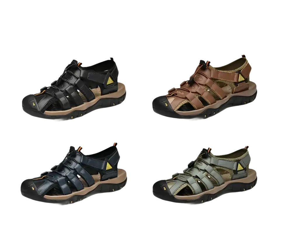 Four pairs of men’s closed-toe sandals in different colors.