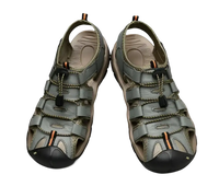 Gray leather fisherman sandals.