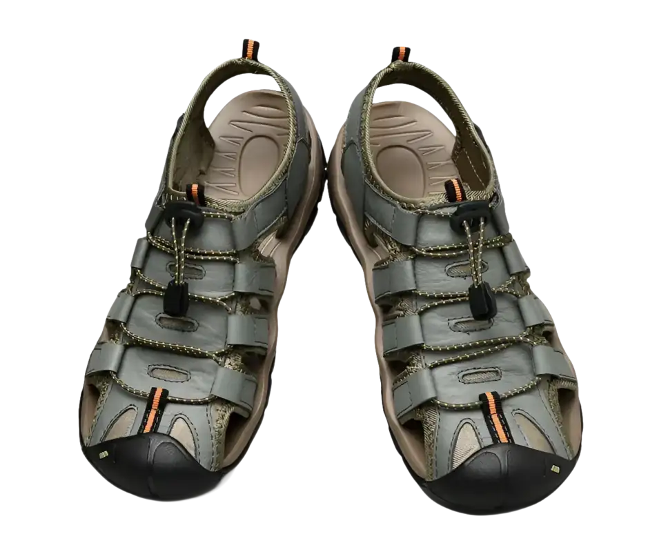 Gray leather fisherman sandals.