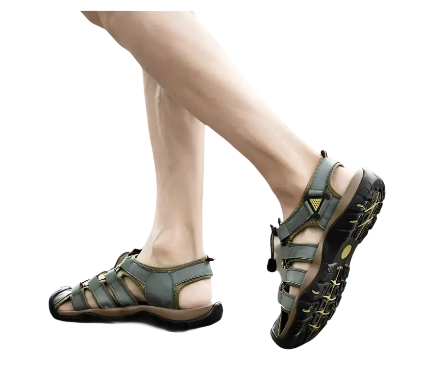 Gray leather fisherman sandals.