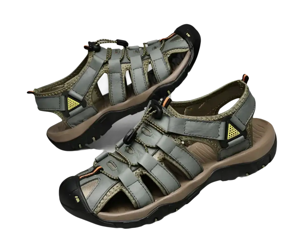 Gray and brown outdoor sandals.