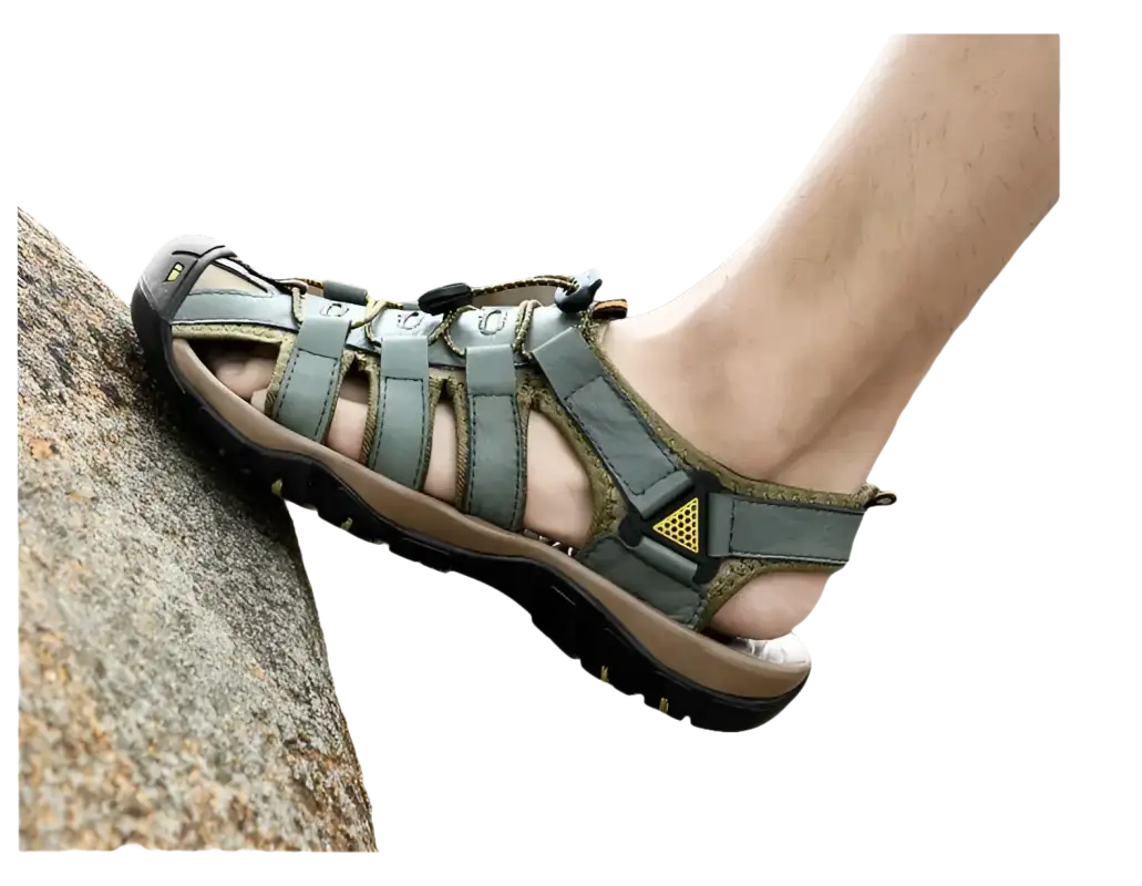 Gray leather sandal.