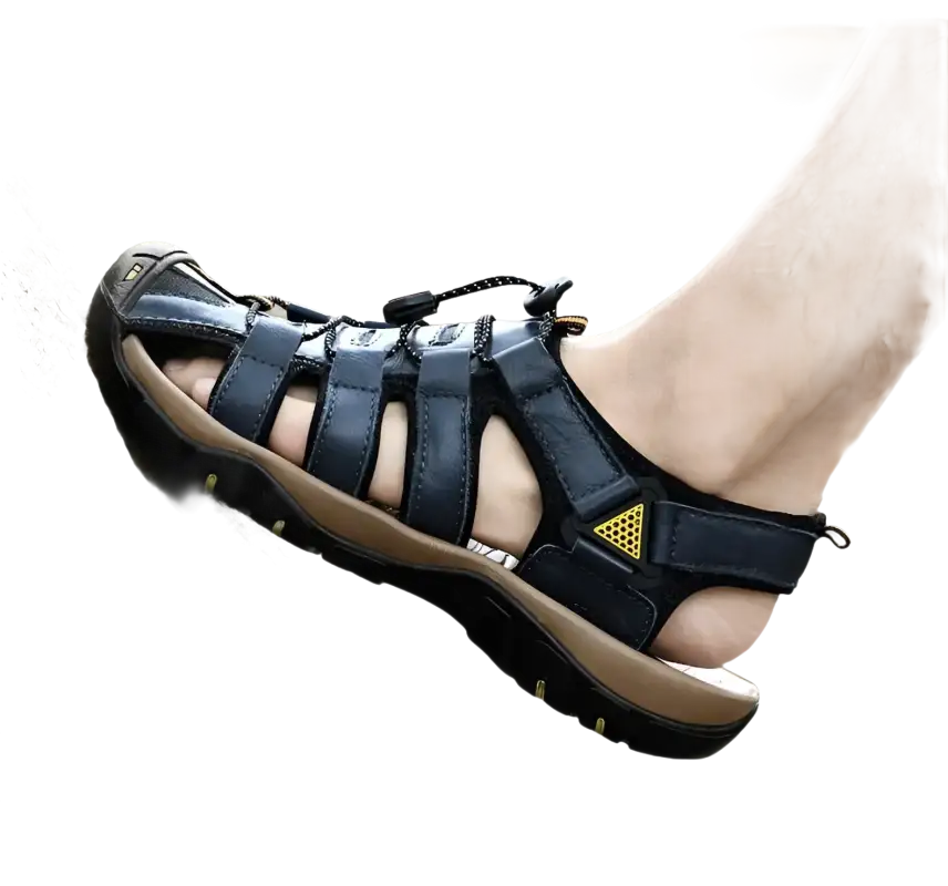Leather sandal with adjustable straps.