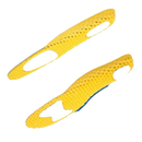 Yellow and blue perforated shoe insoles.