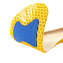 Yellow honeycomb insole with blue cushioning.