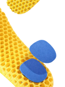Yellow honeycomb insole with blue pads.