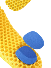 Yellow honeycomb insole with blue pads.